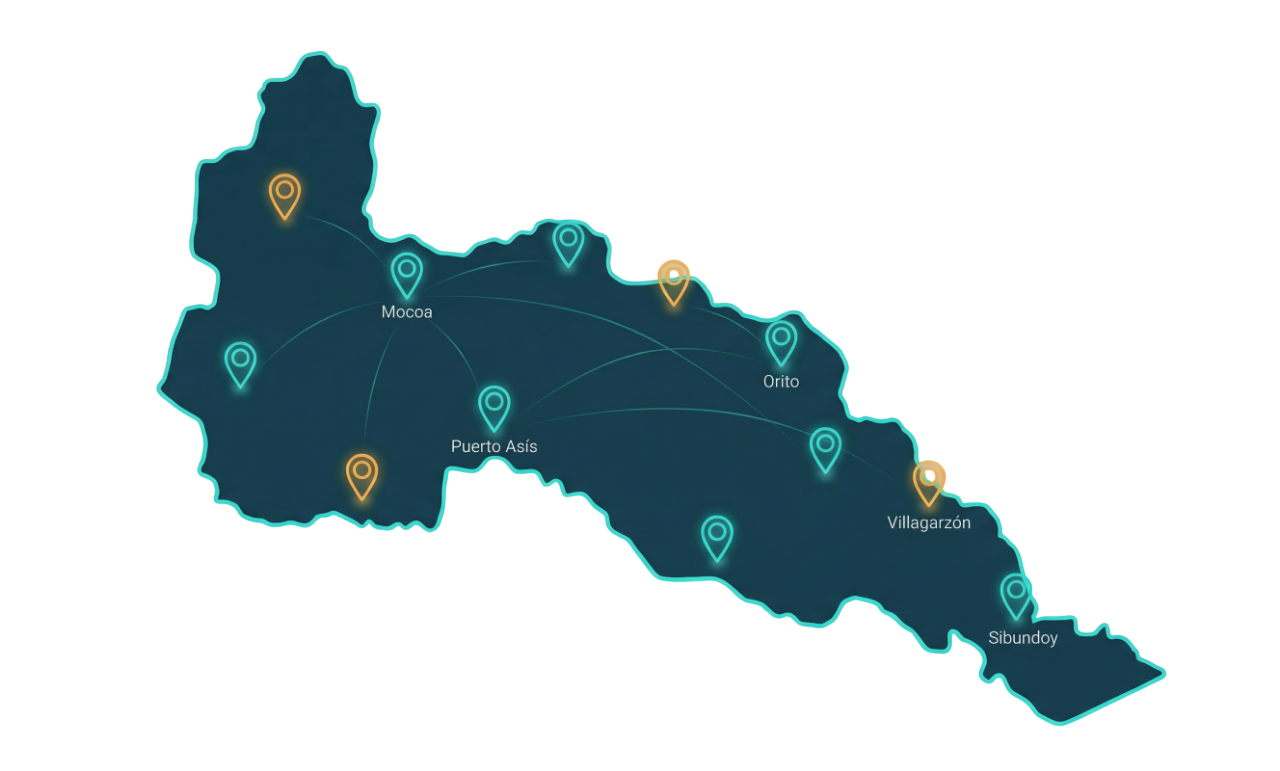 Mapa del Putumayo con ubicaciones de negocios