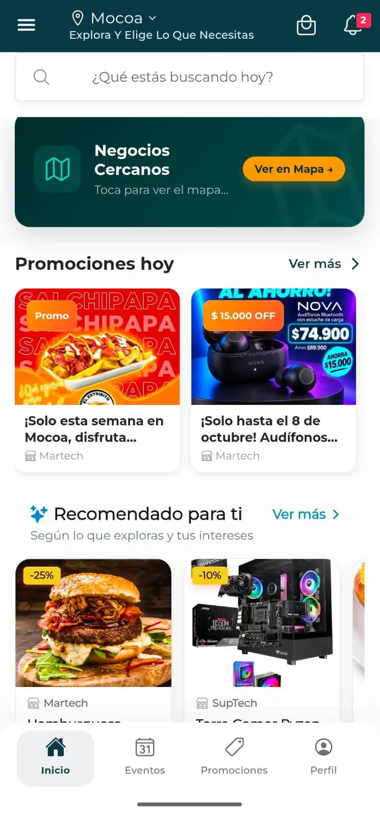 Exploración de comercios en el mapa con la app móvil BisNexo